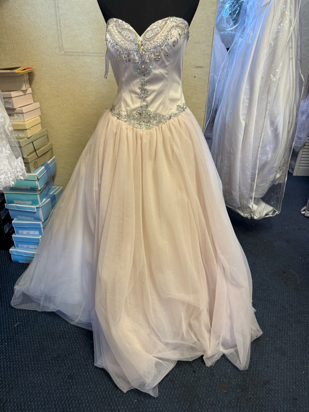 Strapless Blush Pink Beaded Ball Gown Dress